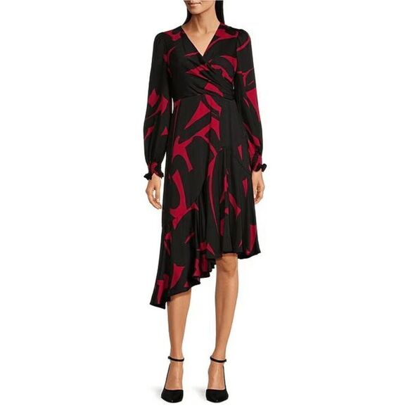 NWT DKNY by Donna Karan Surplice V-Neck Long Sleeve Asymmetrical Hemline Dress S - Picture 2 of 6
